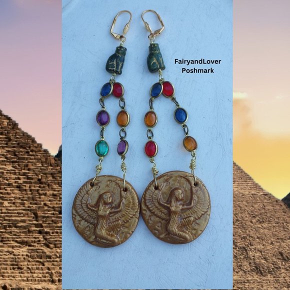 Egyptian Goddess Isis earrings, swarovski czech glass egypt coin earrings
